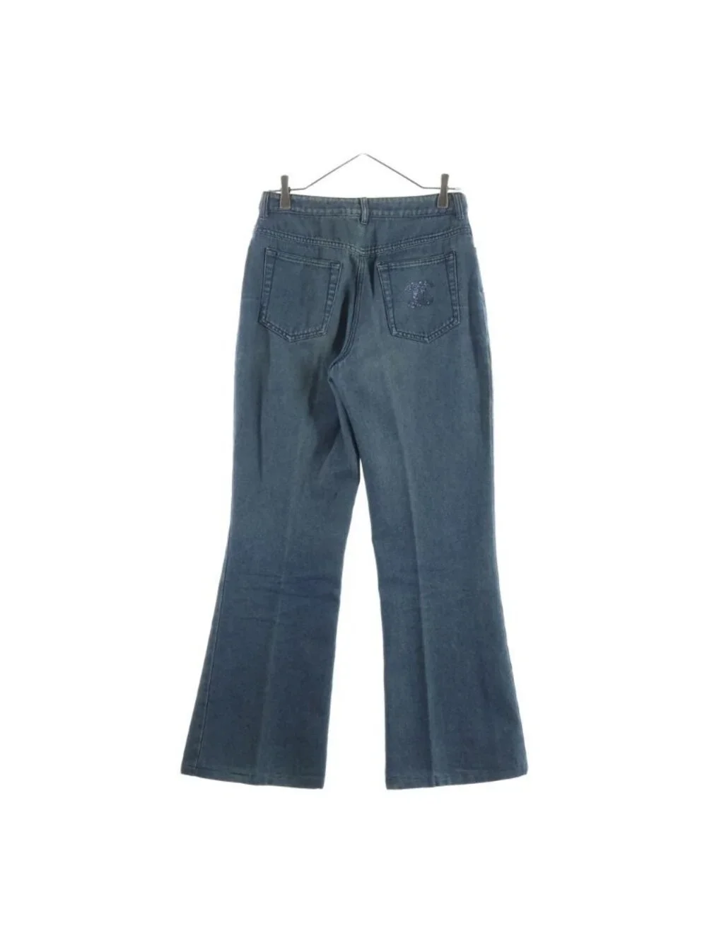 Chanel Crystal CC Logo Wide Denim Pants CC Flare Indigo